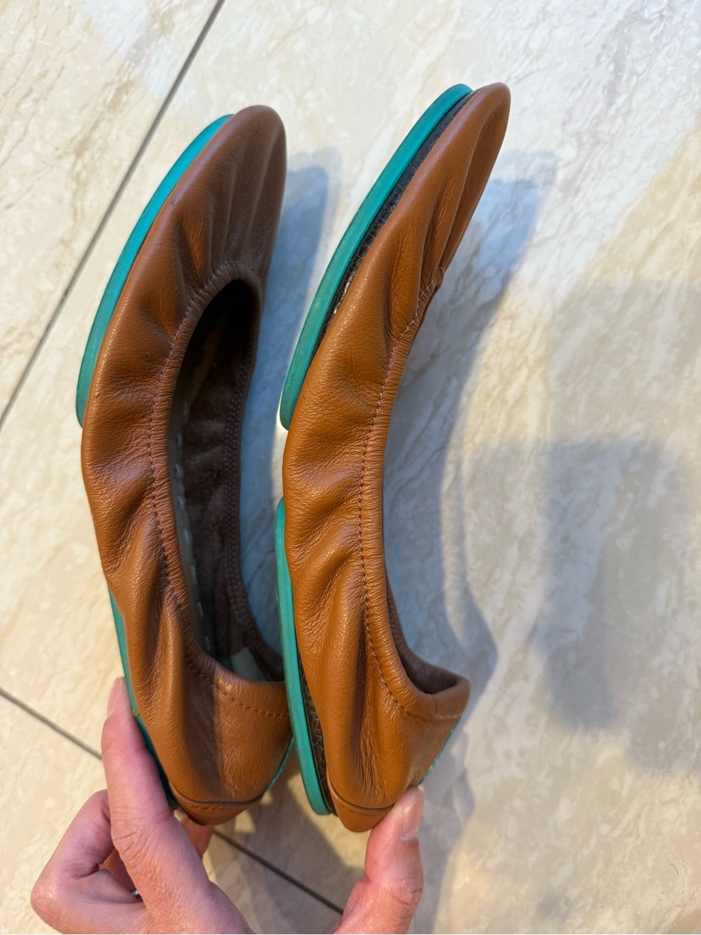 Tieks Brown Leather Ballet Flats with Teal Heel Tab - Picture 3 of 5